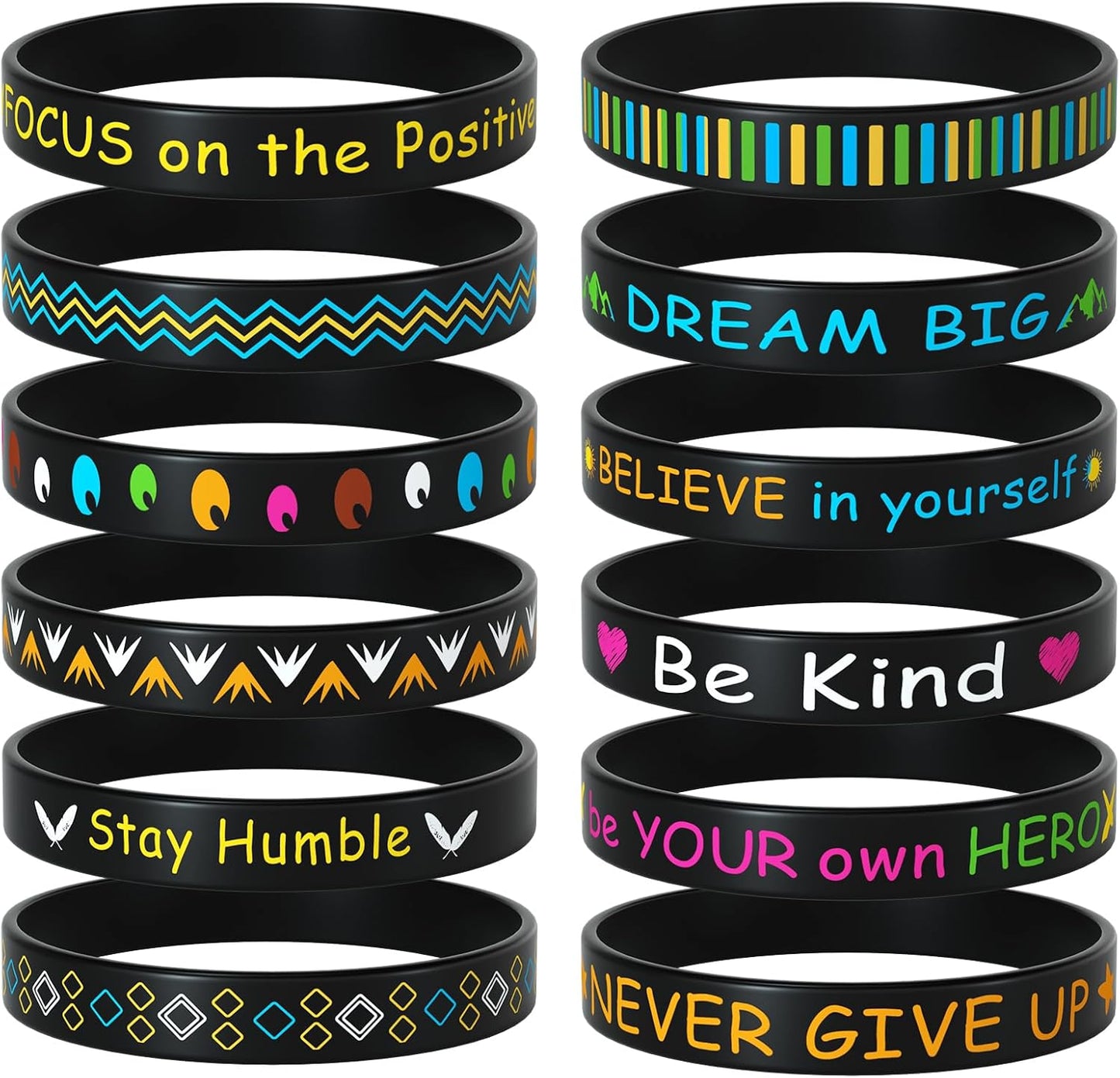 Morcheiong 24pcs Motivational Quote Silicone Bracelets Bulk Black Inspirational Rubber Bands Unisex Style- 12 Designs