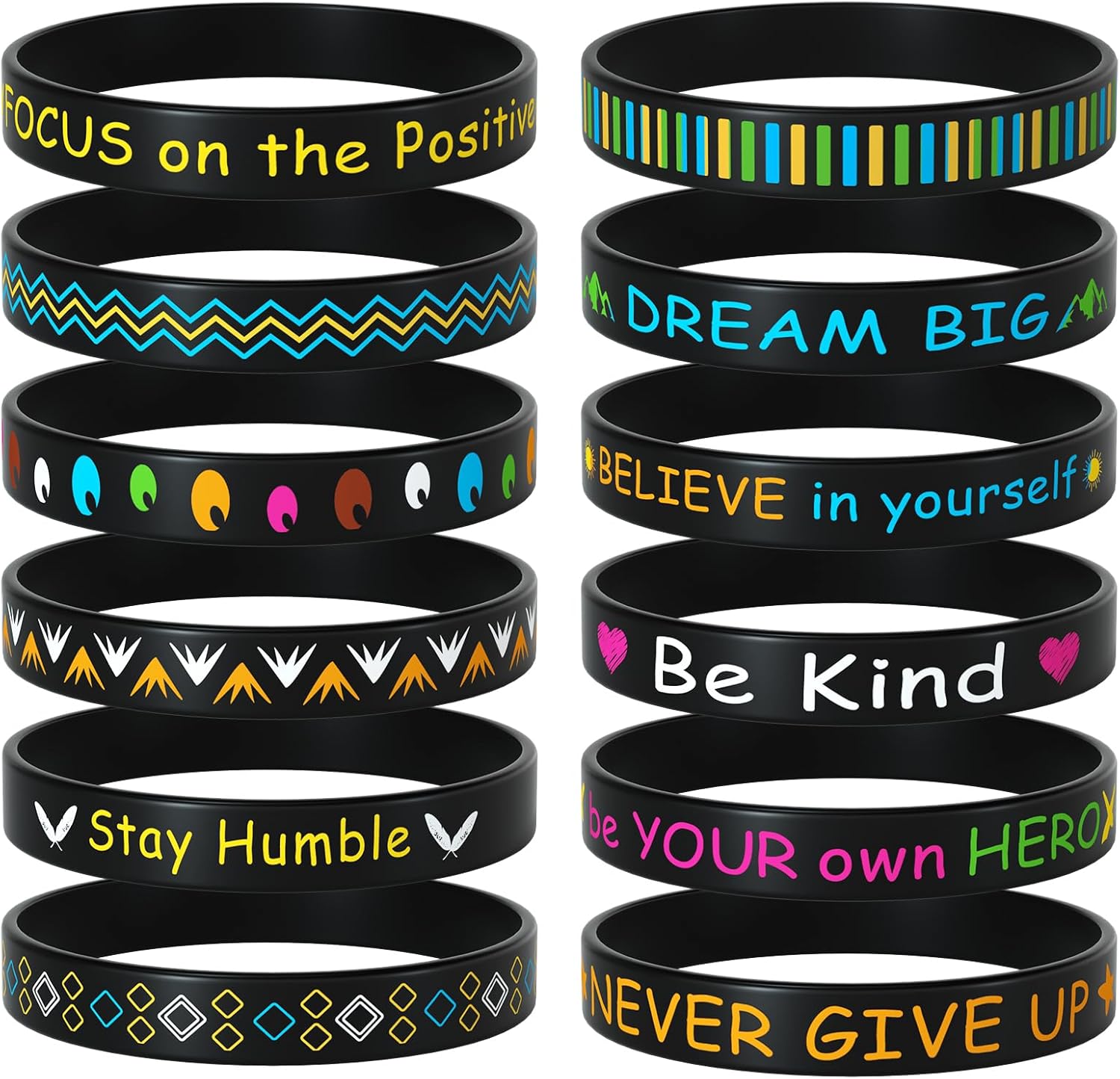 Morcheiong 24pcs Motivational Quote Silicone Bracelets Bulk Black Inspirational Rubber Bands Unisex Style- 12 Designs