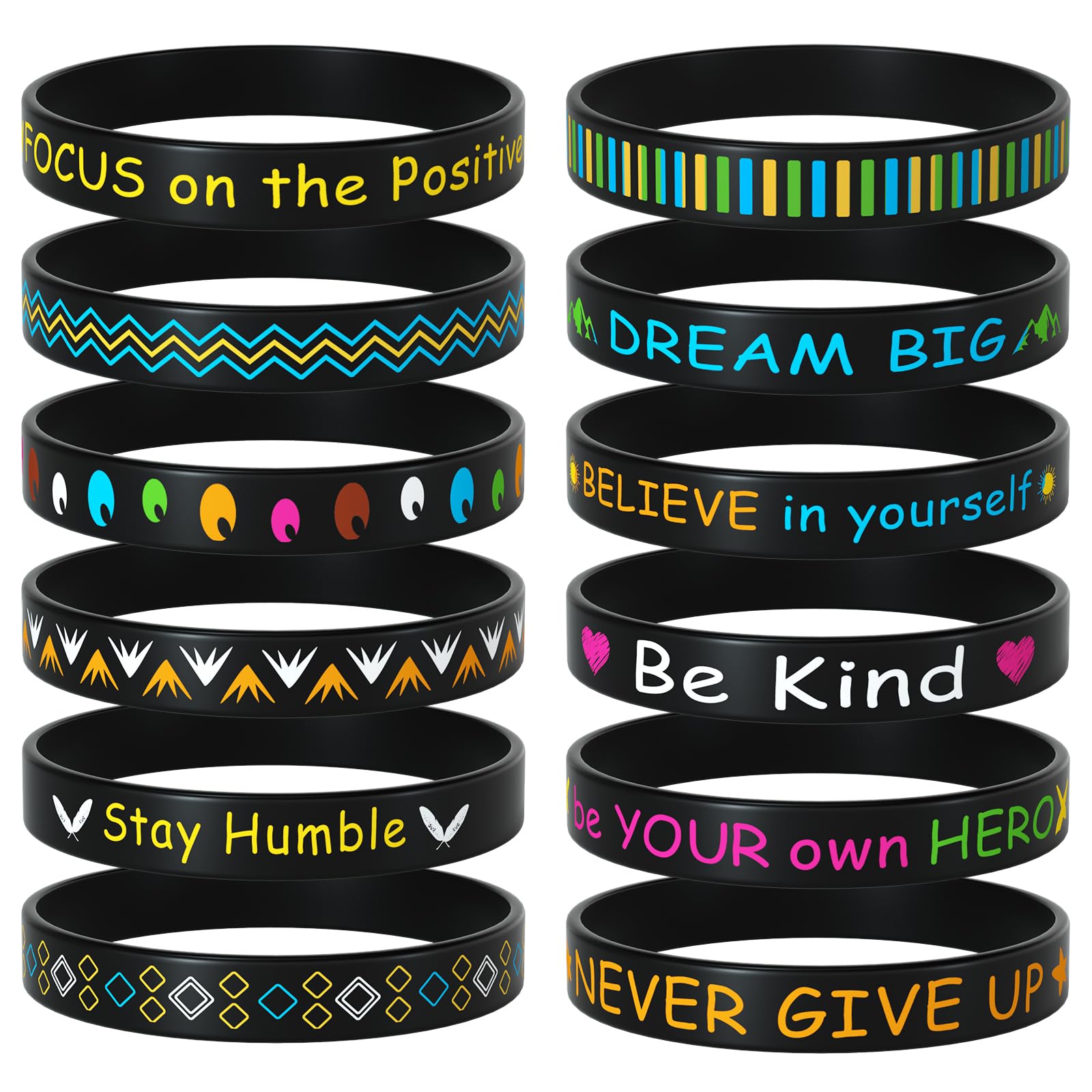 Morcheiong 24pcs Motivational Quote Silicone Bracelets Bulk Black Inspirational Rubber Bands Unisex Style- 12 Designs