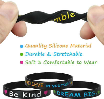 Morcheiong 24pcs Motivational Quote Silicone Bracelets Bulk Black Inspirational Rubber Bands Unisex Style- 12 Designs