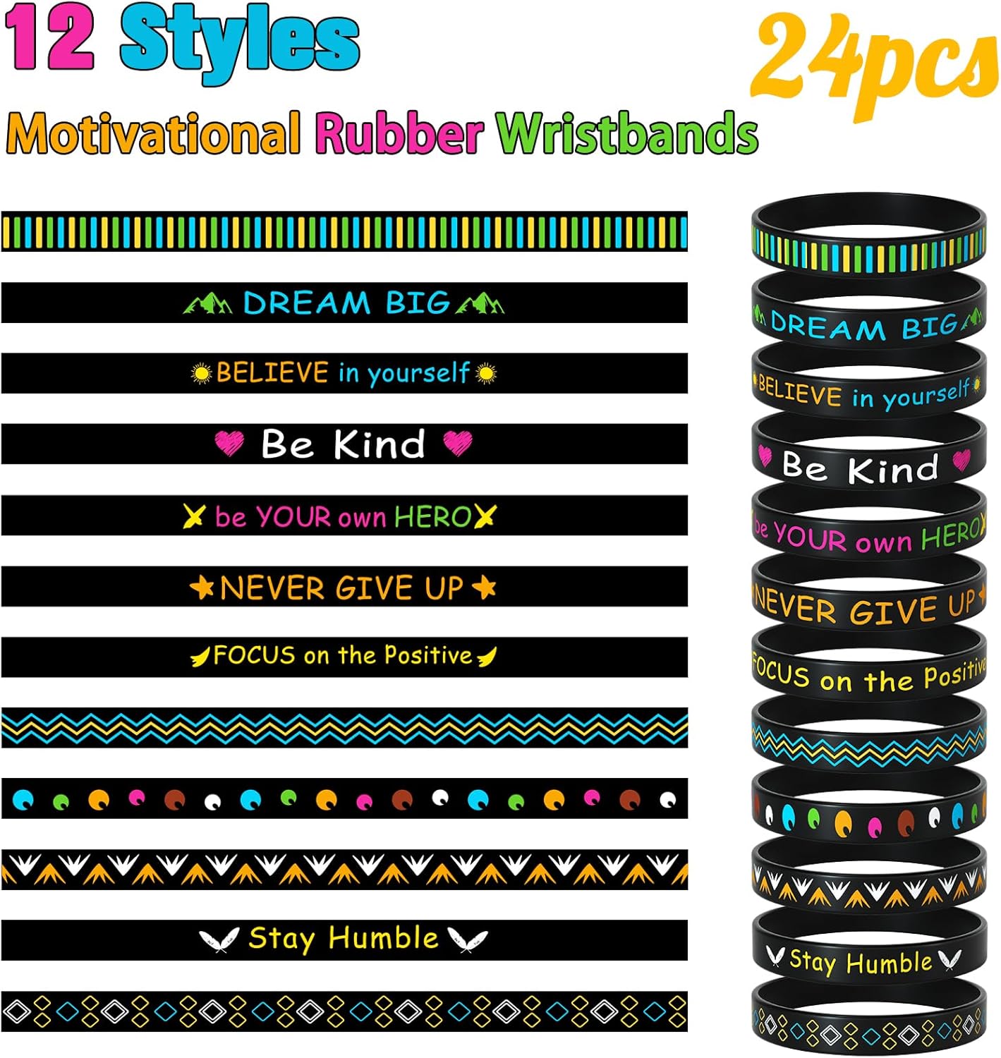 Morcheiong 24pcs Motivational Quote Silicone Bracelets Bulk Black Inspirational Rubber Bands Unisex Style- 12 Designs